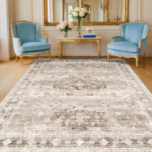Hazo Haus Washable Neutral Farmhouse Living Room Rug, 5x8 Area Rugs for Bedroom Under Bed, Nursery Room, Boho Vintage Floral Non-Slip Rug Low Pile Stain Resistant (5x8 Beige/Latte)