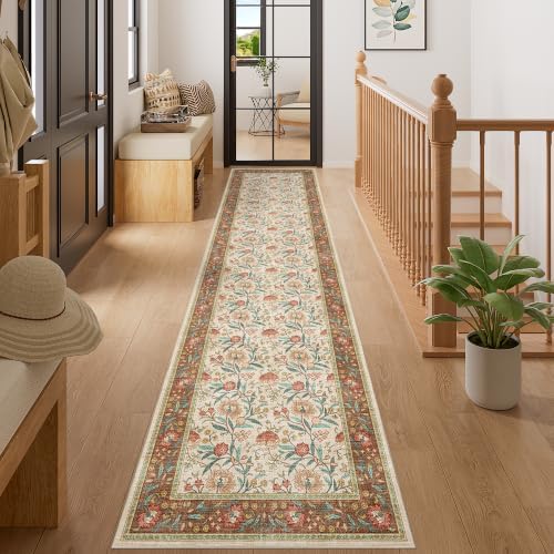 DUKINO 2x10 Runner Rug for Hallway, Washable Vintage Floral Rug, Brown
