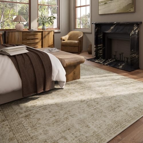 10x14 Area Rug Washable Rugs: Large Living Room Rug Stain Resistant Non Slip Distressed Vintage Low Pile Faux Wool Soft Carpet for Bedroom Farmhouse Dining Room Kids Playroom Nursery