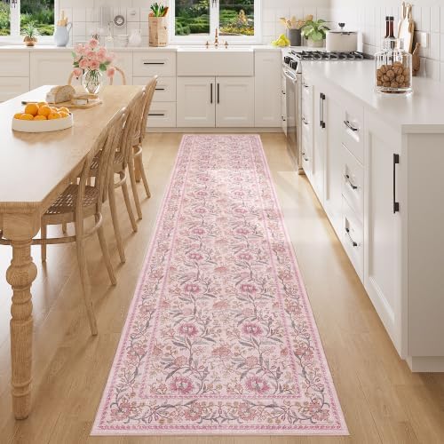 DUKINO 2x10 Runner Rug for Hallway, Washable Vintage Floral Rug, Pink