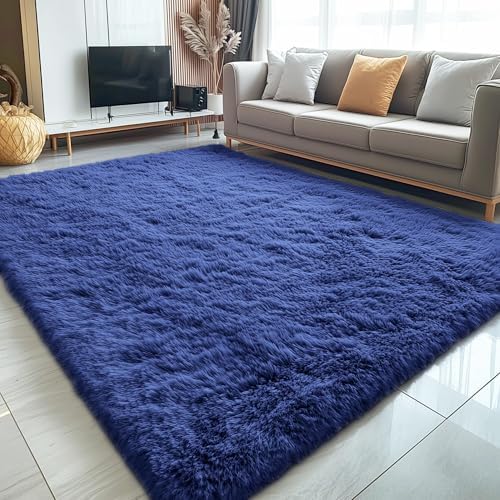 OLANLY 7x8 Machine Washable Large Area Rugs for Living Room, Bedroom, Soft Fluffy Shaggy Bedside Rug, Indoor Floor Carpet for Kids Girls and Boys, Dorms, Nursery, Home Decor Aesthetic, Navy Blue