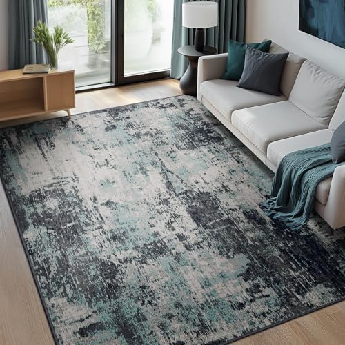 RELEANY Washable 6'x8' Abstract Area Rug for Living Room Teal Black
