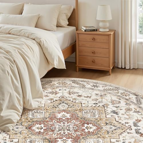 cotiled 6ft Round Living Room Area Rug, Washable, Traditional, Golden Taupe