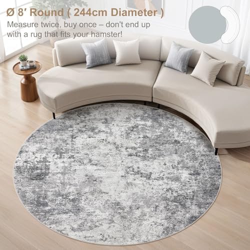 UERMEI 8ft Round Area Rug Living Room Rugs - 8x8 Washable Neutral Modern Abstract Soft Thin Rug Indoor Floor No Slip Rug Carpet for Bedroom Under Dining Table Home Office Decor - Grey