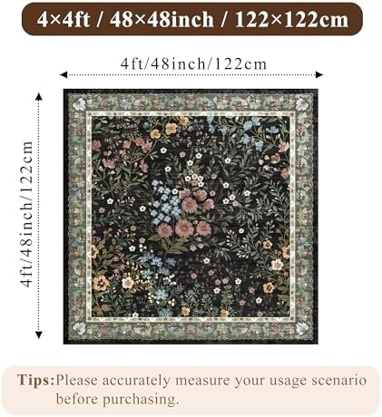 4x4 Square Entry Rug Entryway Foyer: Non-Slip Floral Washable Rugs for Living Room Indoor Floor Kitchen Bedroom - Soft Thin Doormat Carpet Boho Vintage Home Decor (4ft Square, Black)
