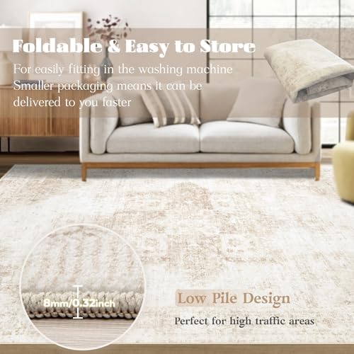 Runner Rug 2.6x8 Washable Rug, Vintage Boho Medallion Hallway Runner Non-Slip Soft Low Pile Distressed Floor Carpet Retro Doormat for Kitchen Bedroom Laundry Entryway Bathroom (Beige, 2'6''x8')