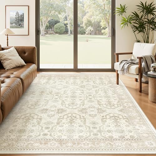 Soalmost 5x8 Area Rug Low Pile Washable Trendy Faded Style Rug, Beige/Brown