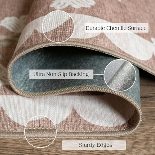 Front Door Mat Outside Entrance - 2x3 Floral Non-Slip Washable Doormat Indoor Outdoor Mat Tan Neutral Farmhouse Scalloped Entry Rug Small Throw Rugs for Entryway Kitchen Front Porch Decor