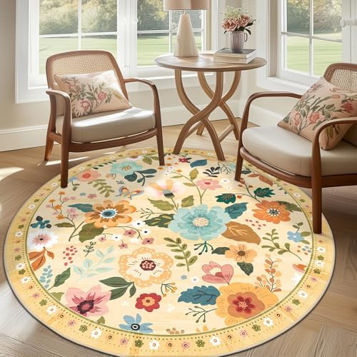 RELEANY Floral Washable Round 6ft Area Rug Yellow/Orange