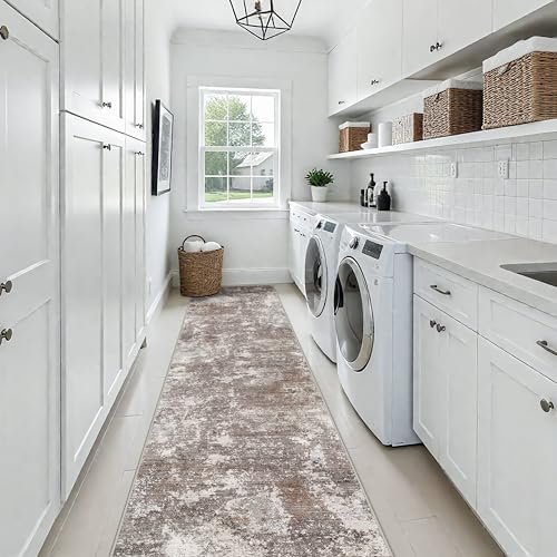 3x16 ft Non-Slip Hallway Runner Rug Washable Rubber Backed Large Carpet Runner for Hall, Kitchen Floor, Entryway, Bedroom, Living Room Abstract Modern Neutral Low-Pile Thin Brown Beige