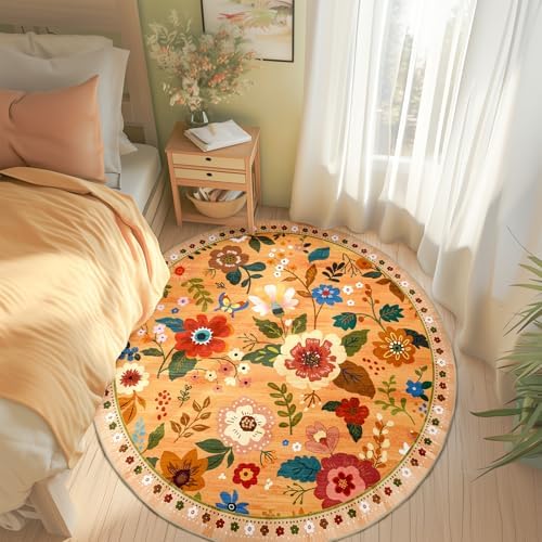 RELEANY Floral Washable Round 4ft Area Rug Orange/Yellow/Red