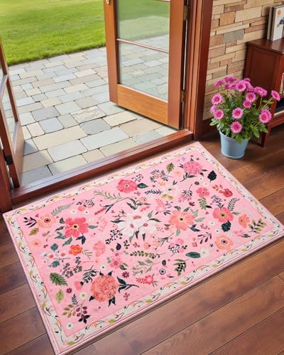 Macgace Floral Area Rug for Entryway, Washable 2x3 Pink Small Rugs