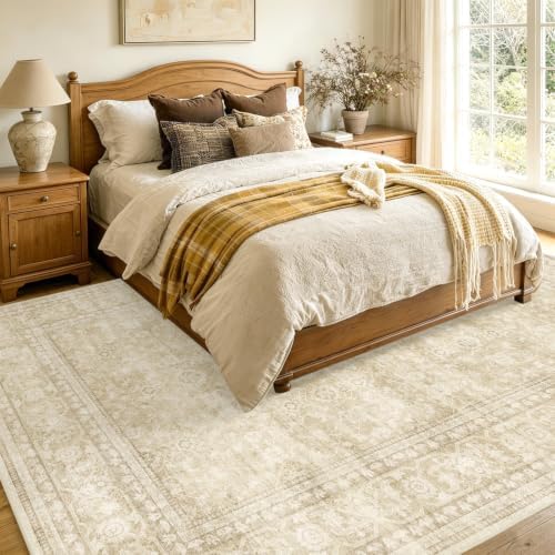 8x10 Ft Large Area Rugs for Living Room, Soft Non-Slip Machine Washable Rug, Vintage Stain Resistant Carpets for Bedroom Nursery Dining Room Home Decor (Beige)