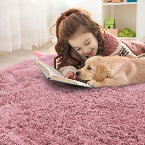 OLANLY Pale Pink Round Rugs for Bedroom - Machine Washable, 6 ft Circle Area Rugs for Living Room, Soft and Fluffy Shaggy Carpet for Teen Girls and Boys, Nursery Rooms, Dorms, Home Decor Aesthetic