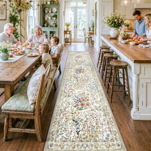 Washable Long Runner Rug 3x12: Vintage Botanical Runner for Large Hallway Office Gallery - Machine Washable Non Slip Low Pile Carpet - Soft Foldable Rug for Busy Indoor Spaces - 3'x12' Beige