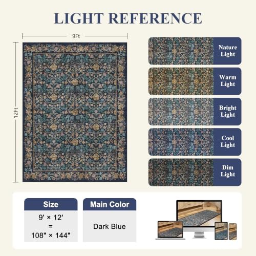 DUKINO 9x12 Area Rug for Living Room, Vintage Floral Washable Rug Dark Blue