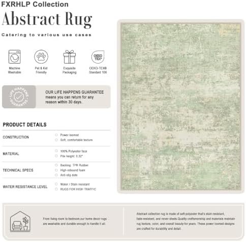 9x12 Area Rug Living Room: Modern Washable Soft Carpet Green Cream