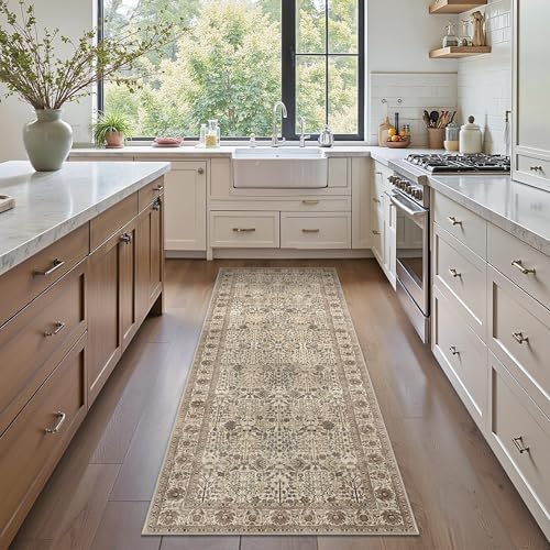 Bavni 2x10 Kitchen Runner Rug, Washable Non Slip, Cream Brown