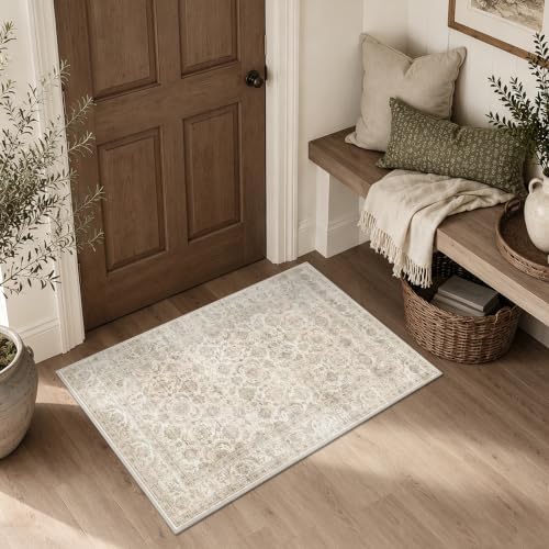 JOOJA 2x12 Neutral Beige Soft Low Pile Non Slip Machine Washable Runner Rug