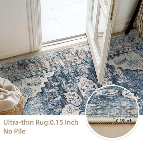 BESTSWEETIE Washable Boho 5x7 Area Rug, No Pile for Living Room, Blue Navy