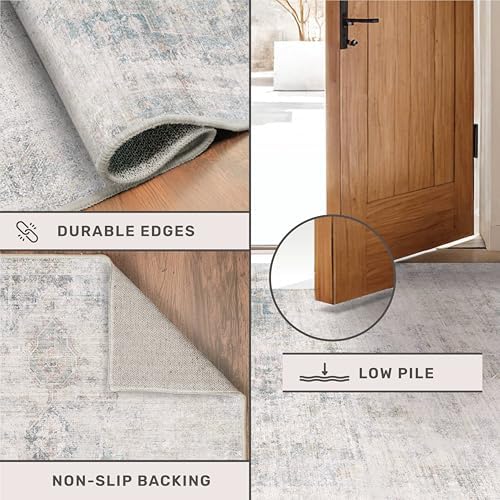 Hazo Haus Light Blue 2x5 Bathroom Runner Rug, Non-Slip Washable Runner for Kitchen, Laundry Room & Hallway, Abstract Design with Tan Accents, Eclectic Décor, Distressed Design