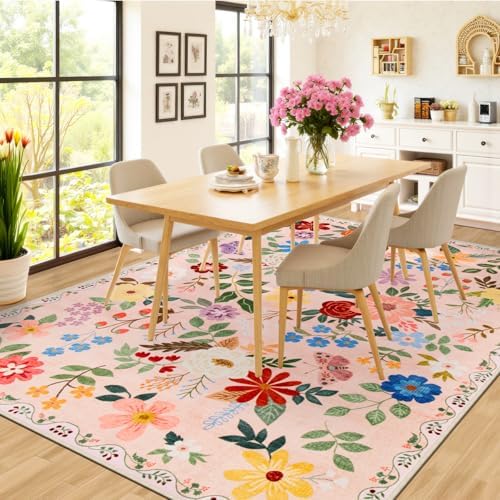PLHXFR Area Rug Living Room: 4x6 Floral Washable Boho Soft Carpet Beige