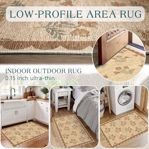 Front Door Mat Indoor Outside Entrance 2x3 Tan Floral Scalloped Rug