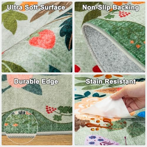 PLHXFR Area Rug 9x12 Living Room: Floral Washable Boho Soft Carpet Green