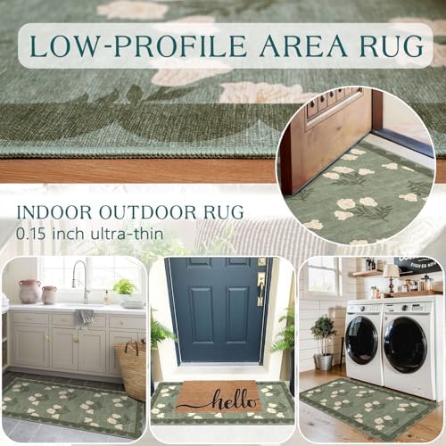 Front Door Mat Indoor Entrance - 2x4.3 Sage Green Boho Floral Rug