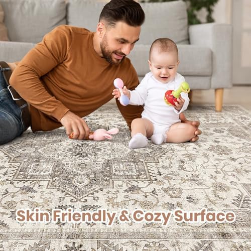 cotiled 6x9 Area Rug for Living Room, Washable, Traditional, Light Brown