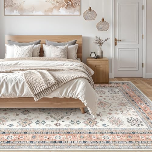 cotiled 5x7 Area Rug for Living Room, Washable, Traditional, Coral Pink