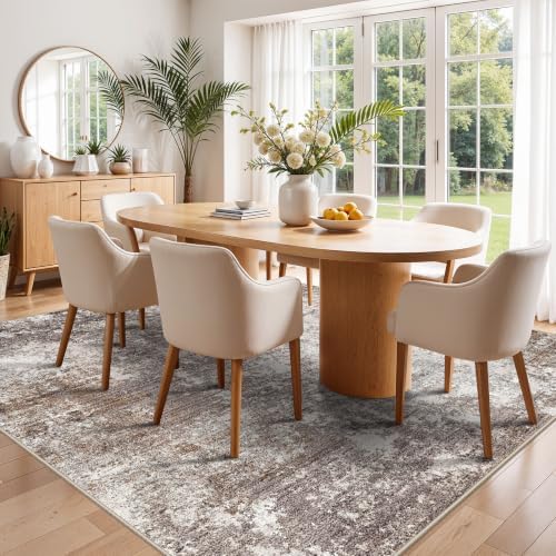 8x8 Square Living Room Area Rug – Washable Modern Neutral Abstract Indoor Rug for Bedroom, Dining Room, Kitchen – Non-Slip Soft Low-Pile Floor Carpet (Brown Beige,8x8)