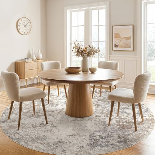 UERMEI 8ft Round Area Rug Living Room Rugs - 8x8 Washable Neutral Modern Abstract Soft Thin Rug Indoor Floor No Slip Rug Carpet for Bedroom Under Dining Table Home Office Decor - Brown Grey