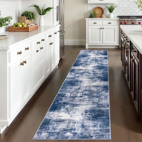IOHOUZE Abstract Runner Rug 2x10 Ft Washable Runners for Hallways, Non Slip Kitchen Runner Printed Faux Wool Entryway Runner Indoor, Modern Abstract Floor Carpet for Hall Kitchen, Navy/Grey