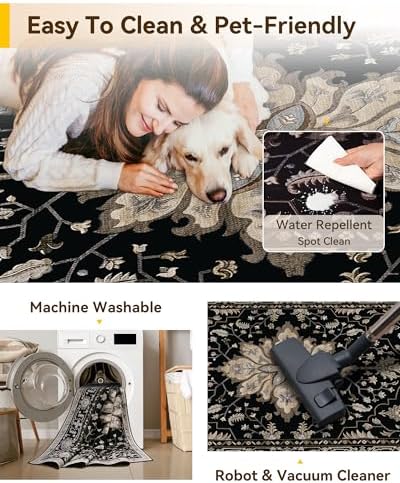 RELEANY Washable Area Rug, 8'x10', Black/Neutral