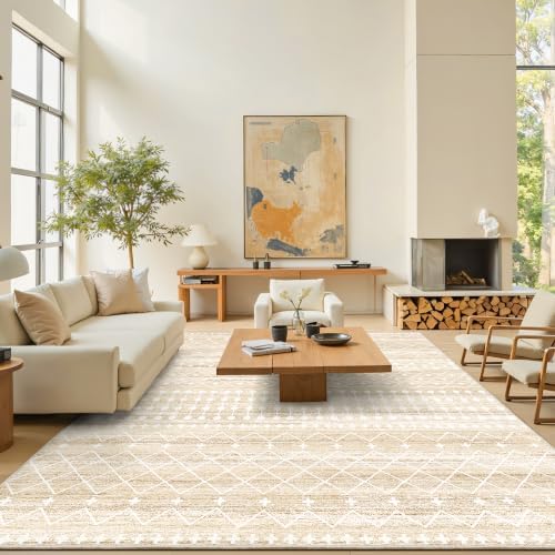 Miukiki 9x12 Area Rug for Living Room, Washable Non Slip Moroccan Rug Beige