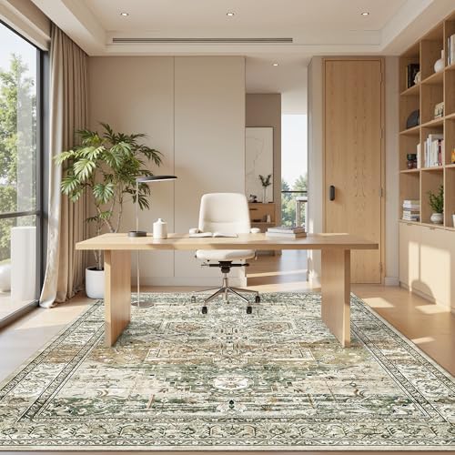Soalmost 5x7 Area Rug Low Pile Washable Trendy Faded Style Rug, Olive Beige