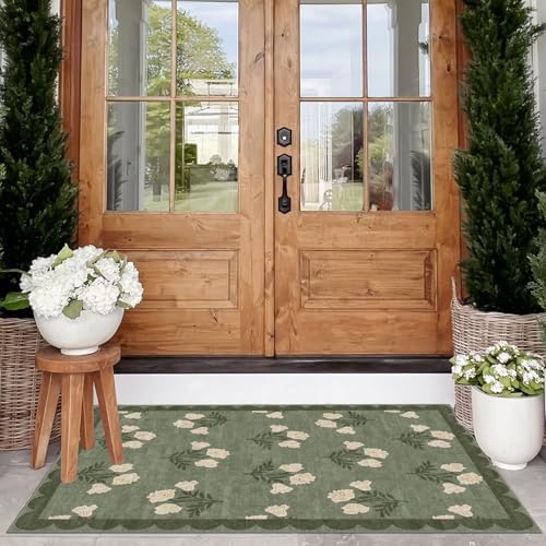 Floral Outdoor Rug - 28" x 43" Front Door Mat Indoor Outside Entrance Non-Slip Washable Outdoor Mat Sage Green Spring Scalloped Rug for Entryway Kitchen Bedroom Layered Doormat for Front Porch