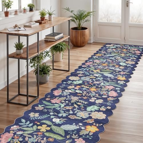Washable 2'6x12 Hallway Runner Rug: Entryway Non Slip Floral Rug Farmhouse Soft Stain Resistant Carpet for Kitchen Bathroom Bedroom Low Pile Pet Friendly Floor Mat for Living Room(2'6x12/Purple)