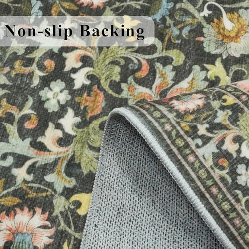 2x6 Washable Hallway Runner Rug: Vintage Floral Kitchen Rugs with Non-Slip Backing Low Pile Water Resistant Carpet for Living Room Bedroom Soft Floor Mat for Bathroom Laudry Dining Room(2x6,Green)