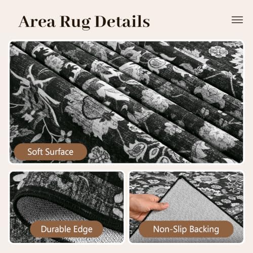 9x12 Ft Extra Large Area Rugs for Living Room, Soft Non-Slip Machine Washable Rug, Vintage Stain Resistant Carpets for Bedroom Nursery Dining Room Home Decor (Black)