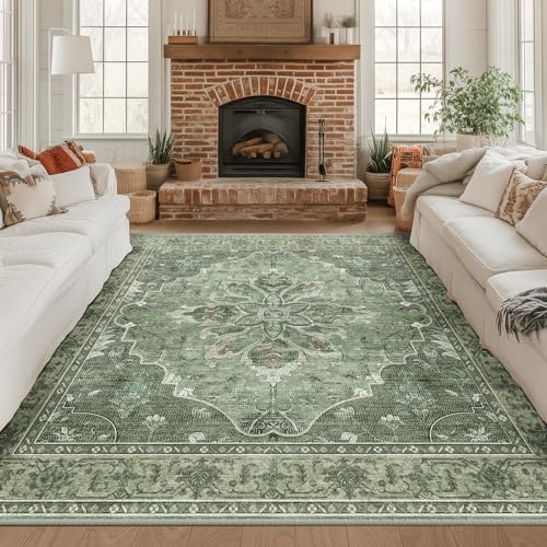 RELEANY Washable Area Rug, Square 8'x8', Green/Dark Green/Gray