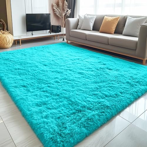 OLANLY 6x9 Machine Washable Large Area Rugs for Living Room, Bedroom, Soft Fluffy Shaggy Bedside Rug, Indoor Floor Carpet for Kids Girls and Boys, Dorms, Nursery, Home Decor Aesthetic, Teal Blue