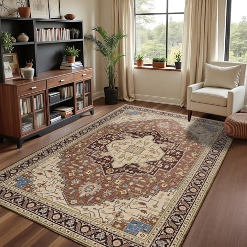 Macgace Washable Vintage Area Rug for Living Room, 6x9 Rugs Mousse Brown