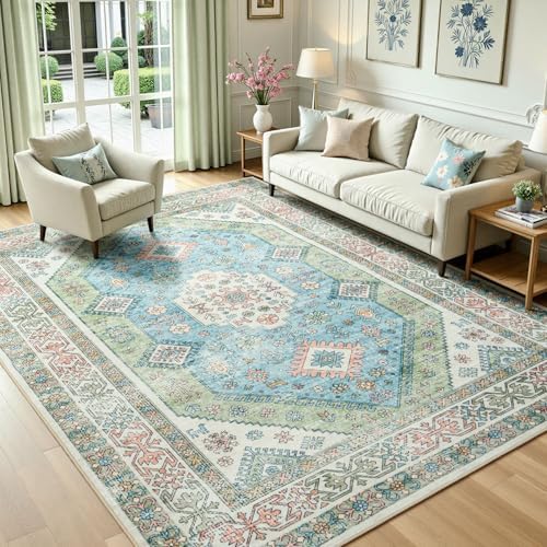 Lofus Living Room Rugs 5x7, Boho Sage Green and Light Blue Washable Carpet