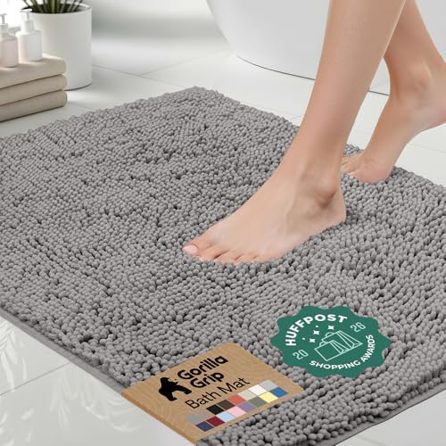 GORILLA GRIP Bath Rug Mat for Bathroom, Absorbent Chenille, 48x24 Gray