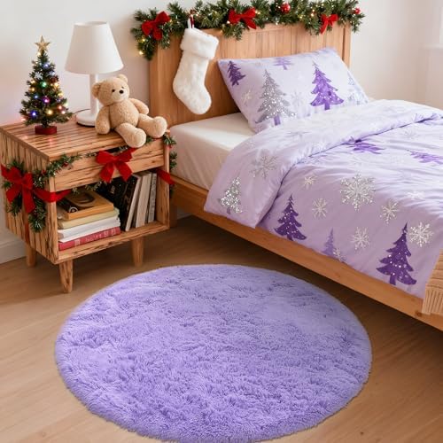 OLANLY Light Purple Round Rugs for Bedroom - Machine Washable, 3 ft Circle Area Rugs for Living Room, Soft and Fluffy Shaggy Carpet for Teen Girls and Boys, Nursery Rooms, Dorms, Home Decor Aesthetic