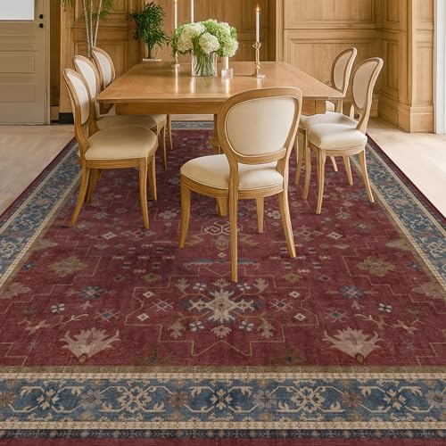 Hazo Haus Moroccan Big Rugs for Living Room - Dark Red 10x14 Area Rug for Large Bedroom, Dining Room, Washable Lightweight Low Pile Foldable Oriental Burgendy Home Décor