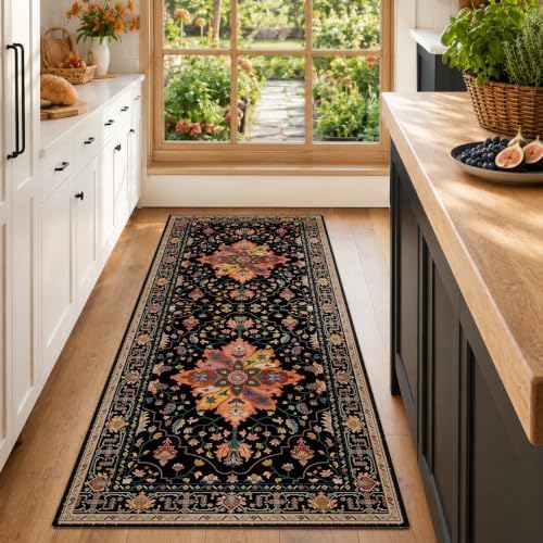 RELEANY Washable Area Rug, Runner 2'x6', Black/Colorful