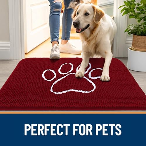 OLANLY Dog Door Mat for Muddy Paws 24x16, Paw Print Design Chenille Mud Mat